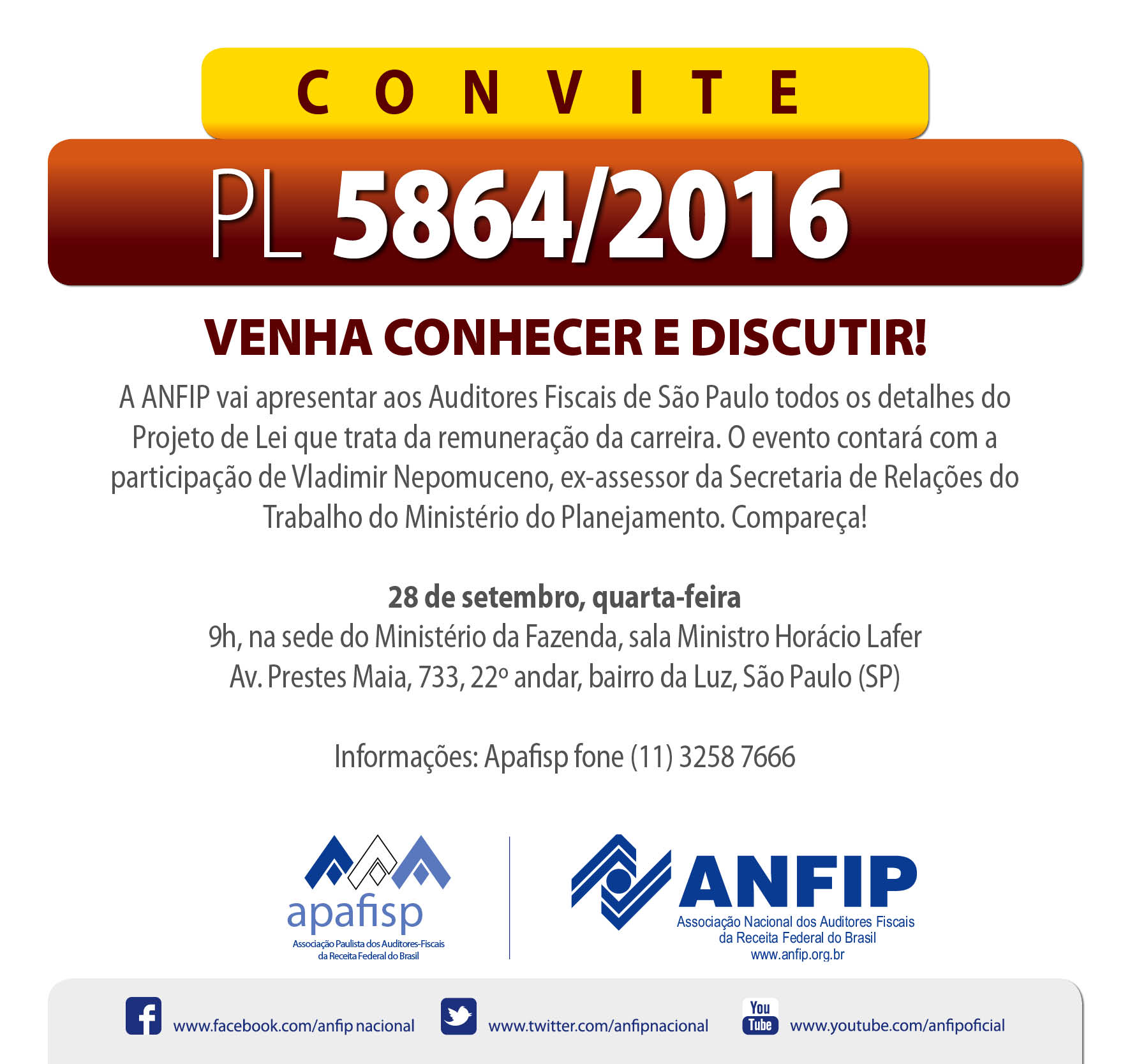PL 5864/2016: APAFISP altera data do encontro com a ANFIP