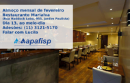 Almoço mensal de fevereiro será dia 13 no restaurante português Marialva, em São Paulo