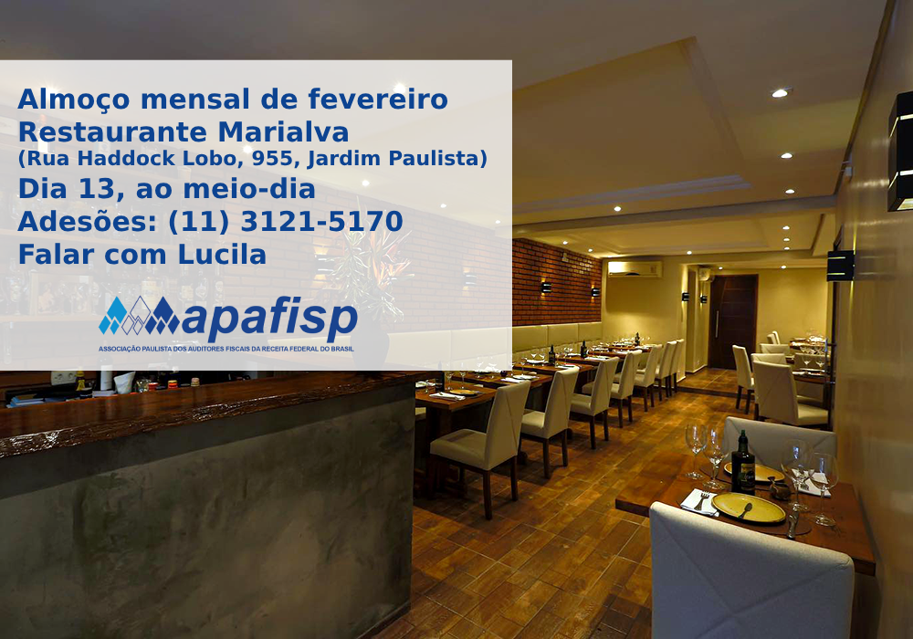 Almoço mensal de fevereiro será dia 13 no restaurante português Marialva, em São Paulo