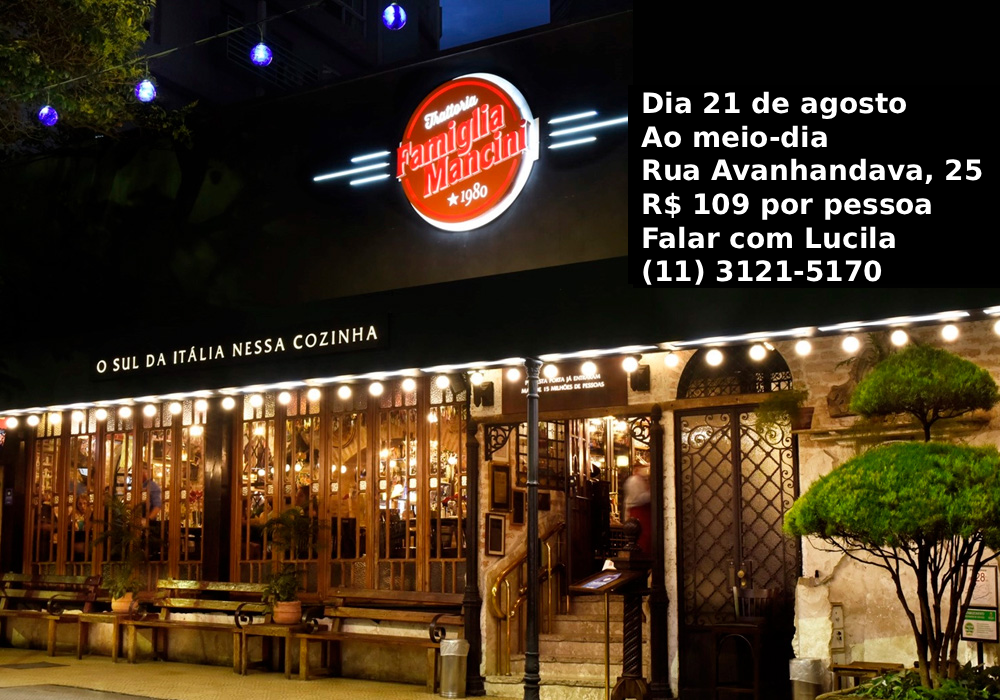 Almoço mensal da APAFISP de agosto será na Pizzaria Famiglia Mancini no dia 21; participe!