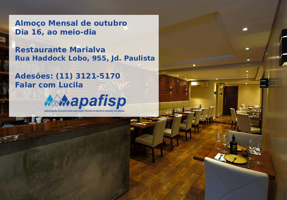 Almoço mensal de outubro será dia 16 no restaurante português Marialva, em São Paulo