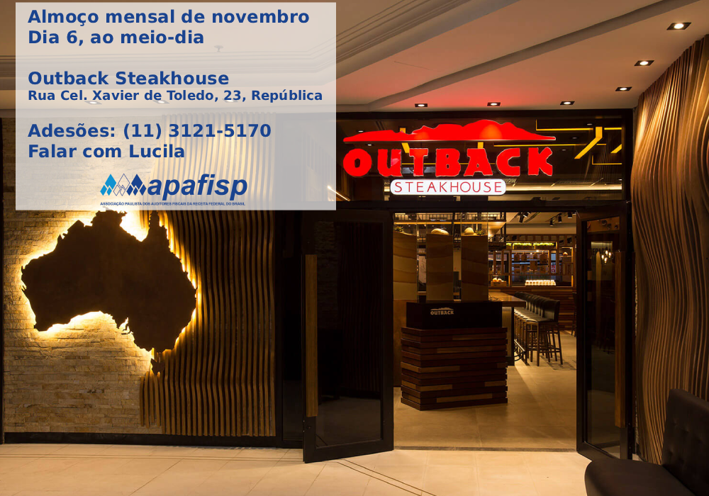 Almoço mensal de novembro será dia 6 no restaurante Outback do Shopping Light